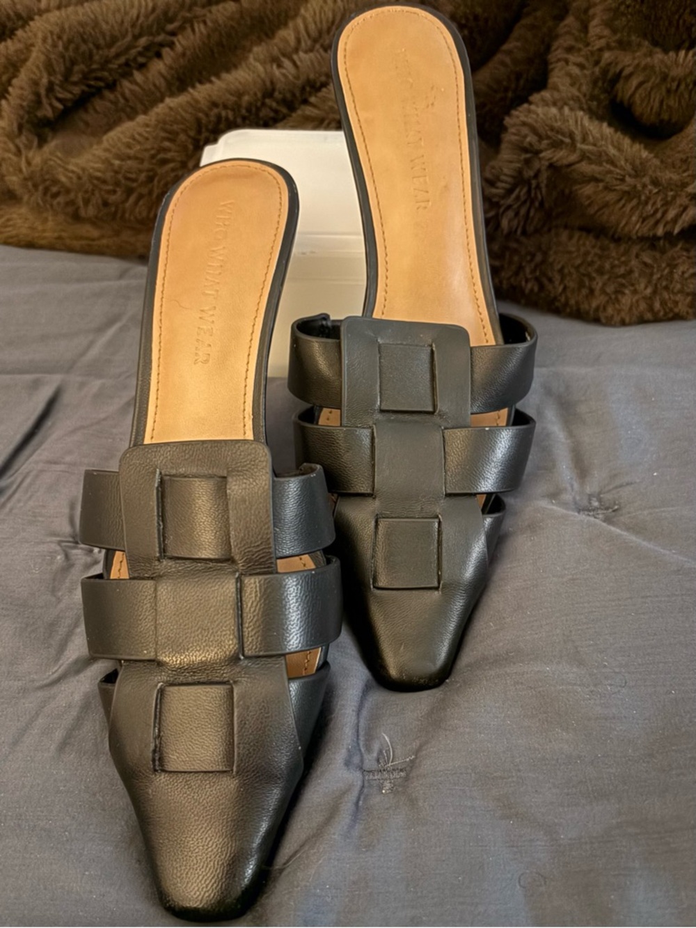 Windsor Smith Black Pointed Leather Slide Mules with Woven Strap